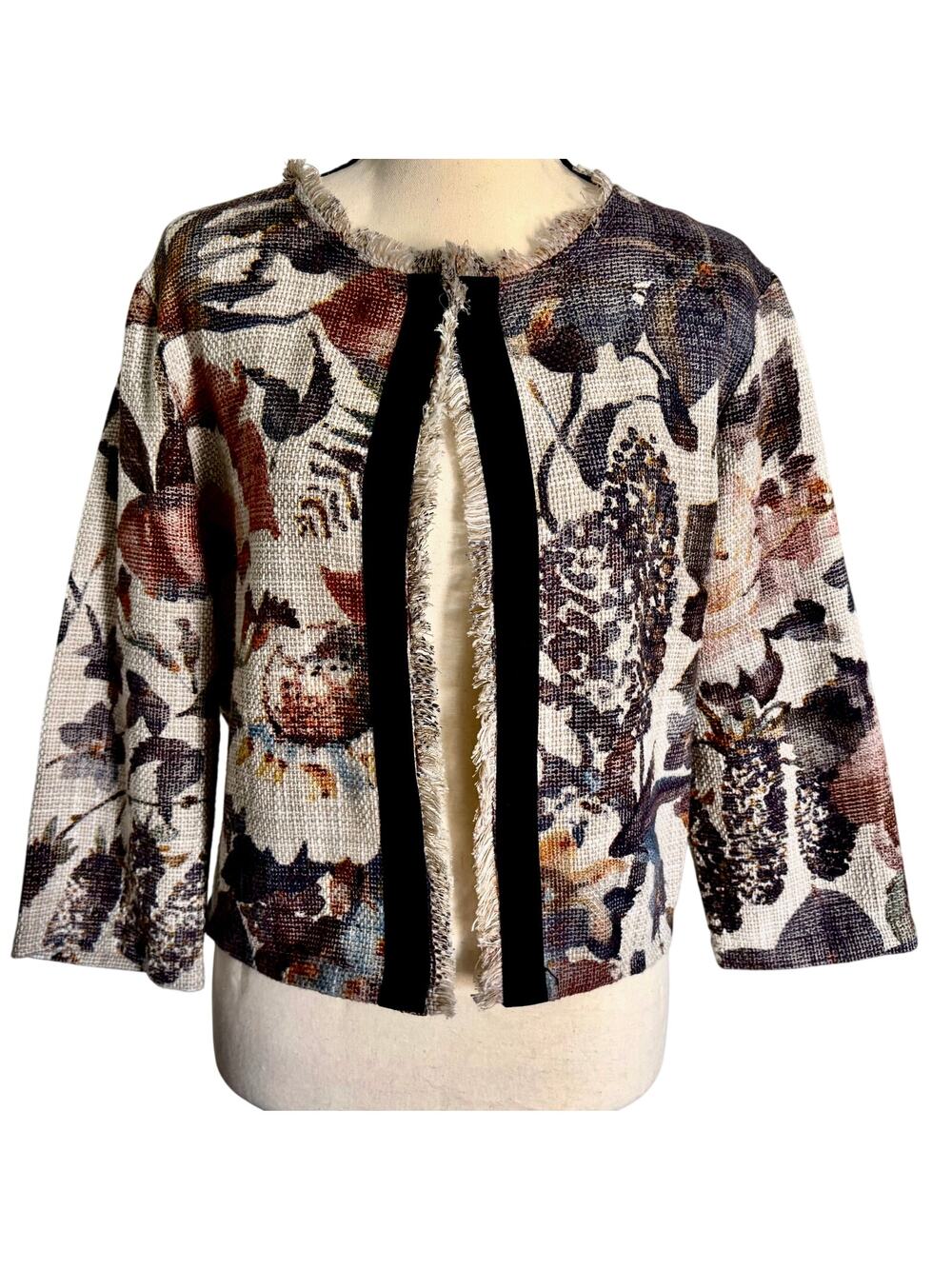 LIST of Rome Italy Woven Cotton Blend Floral Fringe Crop Jacket Boho Festival